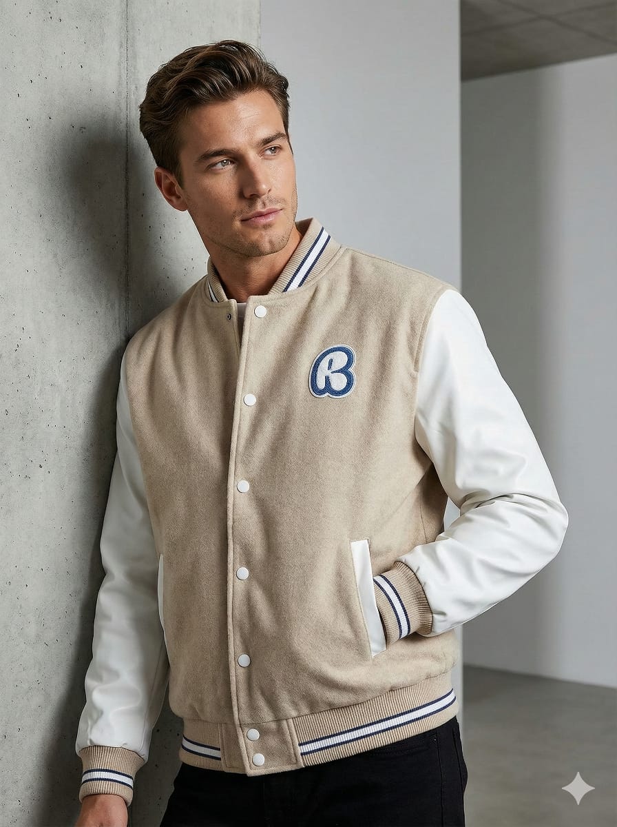 Rare Rabbit Men’s Varsity Crest Bomber Jacket – Beige & White